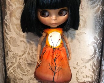 Hand painted dress and petticoat, picture dress for Blythe, gothic dress, Blythe dress, spooky dress, Halloween outfit