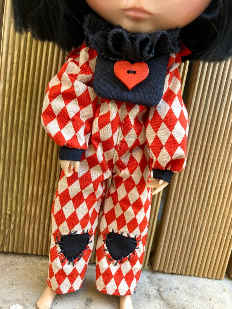Overalls and frilly collar for Blythe. Jumpsuit , harlequin suit, gothic dress, red heart image 1
