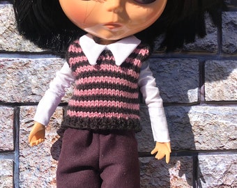 3 piece outfit, blouse, trousers, jumper for Blythe, striped jumper, Blythe outfit, Blythe vest