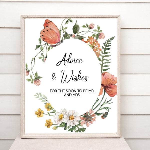 advice and wishes for the soon to be mr. and mrs. printable sign. love is blooming, wildflower bridal shower, unique theme, boho, printable