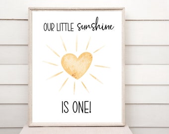 Our little SUNSHINE is ONE- printable 8x10 sign, first trip around the sun, 1st birthday unique ideas, sun shine birthday theme, digital