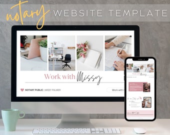 Könnte beinhalten: Ein Computerbildschirm-Mockup, das eine Website-Vorlage für einen Notar zeigt. Die Website zeigt eine Fotocollage eines Arbeitsbereichs, einen Strauß rosa Blumen und eine Person, die ein Dokument unterzeichnet. Der Text "Arbeit mit Missy" wird in rosa Schrift angezeigt. Die Website enthält auch den Text "Notar Public | Missy Palmer".