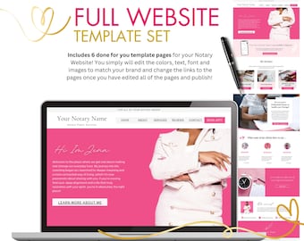 Könnte beinhalten: Ein Laptop-Computer zeigt eine Website-Vorlage für einen Notar. Die Website ist pink und weiß mit einem Foto einer Frau in einer weißen Jacke und einem Rock. Der Text auf der Website lautet "Hi I'm Jena" und "Learn More About Me".