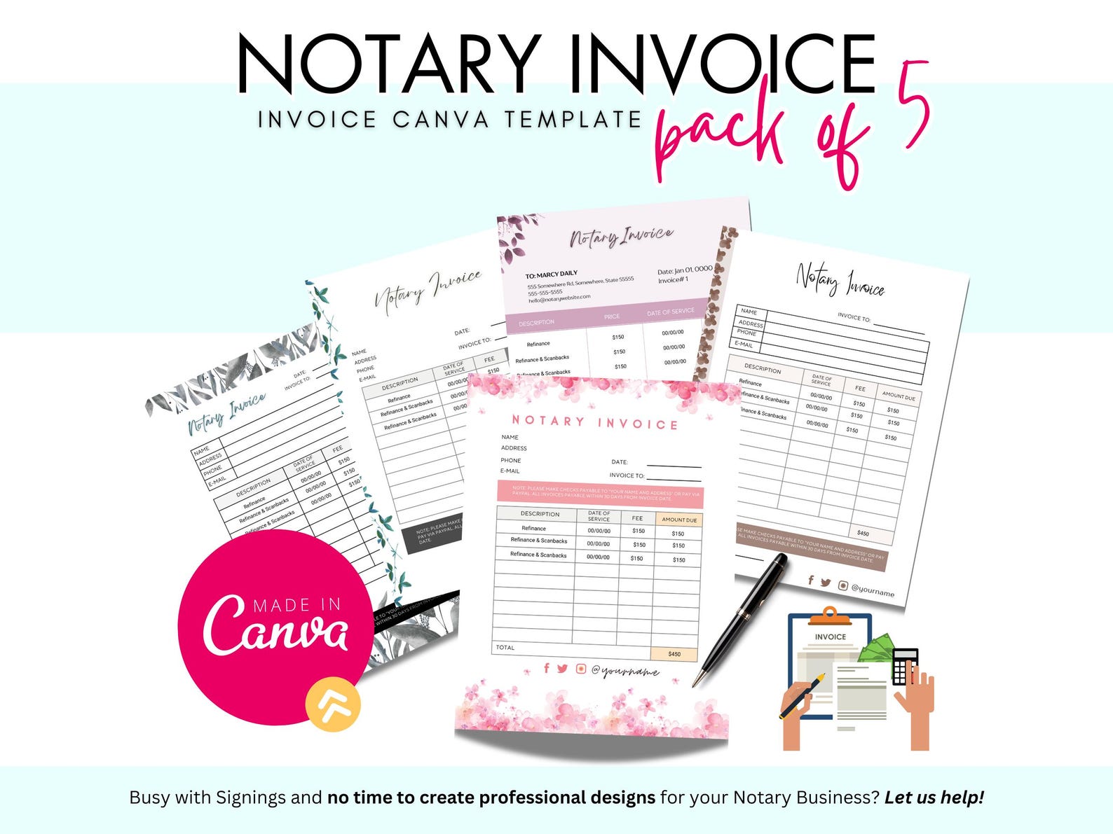 Notary Invoice Customizable Notary Invoice Templates: Canva Editable Set of 5 - Etsy