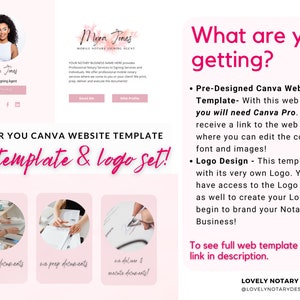 May include: A pink and white graphic with the text "What are you getting?" and a list of services offered. The services include a pre-designed Canva web template and a logo design. The graphic also includes a photo of a woman and a pink background with the text "DONE FOR YOU CANVA WEBSITE TEMPLATE web template & logo set!"