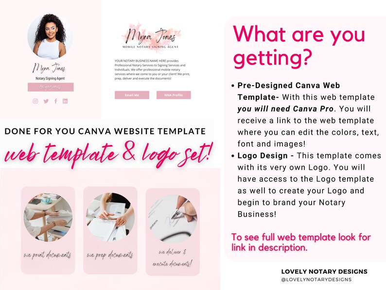 May include: A pink and white graphic with the text "What are you getting?" and a list of services offered. The services include a pre-designed Canva web template and a logo design. The graphic also includes a photo of a woman and a pink background with the text "DONE FOR YOU CANVA WEBSITE TEMPLATE web template & logo set!"