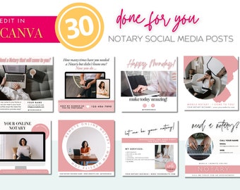May include: A collection of 30 social media post templates for a notary business. The templates feature a pink and white color scheme with images of a person working on a laptop. The text on the templates includes phrases like "Need a Notary that will come to you?" and "Let me be your notary!"
