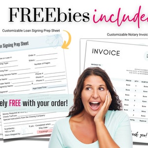May include: A customizable loan signing prep sheet and a customizable notary invoice. The loan signing prep sheet is light blue with a floral design. The notary invoice is light blue with a white grid. The text "FREEbies included" is in pink and white. The text "absolutely FREE with your order!" is in pink and white. The text "ink you!" is in pink and white.