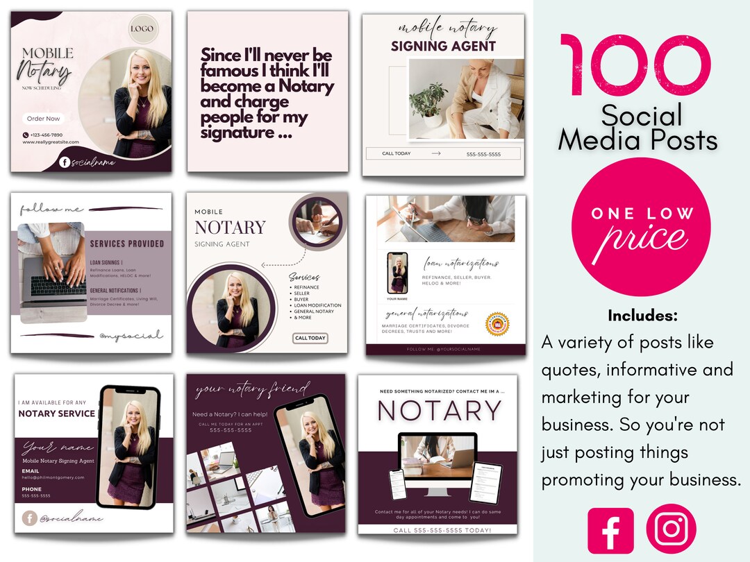 Notary Posts 100 Notary Social Media Posts: Customizable Templates (canva) - Etsy