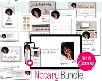 May include: A digital marketing bundle for mobile notary services. The bundle includes a variety of templates for social media, business cards, invoices, and more. The templates are designed in a modern, minimalist style with a neutral color palette. The text on the templates includes the phrase "Notary Bundle" and "Edit in Canva".