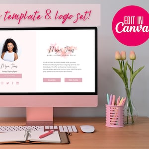 May include: A pink computer screen displaying a website template for a notary signing agent. The website features a photo of a woman, the text "Myra Jones Notary Signing Agent", and social media icons. The text "Edit in Canva" is displayed on a pink circle in the upper right corner of the image.