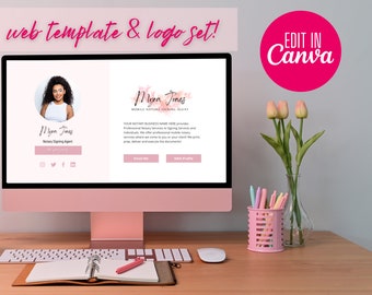 Op de afbeelding: Een roze computerscherm met een website-sjabloon voor een notaris-ondertekeningsagent. De website bevat een foto van een vrouw, de tekst "Myra Jones Notary Signing Agent" en sociale media-pictogrammen. De tekst "Edit in Canva" wordt weergegeven in een roze cirkel in de rechterbovenhoek van de afbeelding.