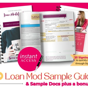 以下が含まれることがあります： ピンクと白のガイドで、タイトルは「Loan Mod Sample Guide & Sample Docs plus a bonus!」。コーヒーカップを持った女性の画像が載っています。ガイドは、「You will not end anything with 12」というテキストとチェックリストのあるページを開いています。ガイドは、「35 Signing Services to quickly sign up with through Signing Order.」というテキストのあるページも開いています。