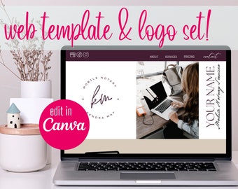 May include: A laptop computer displaying a website template for a mobile notary service. The website has a logo with the initials "km" and the text "Kendra May" in a circle. The website also has a photo of a woman working on a laptop. The text "YOUR NAME" is in a white box on the right side of the screen. The text "Mobile Notary Services" is below the name.