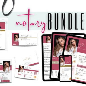 Puede incluir: Un paquete de notario rosa y dorado con una variedad de materiales de marketing, que incluyen una tarjeta de presentación, una tarjeta de agradecimiento, una lista de verificación de notario móvil y una insignia. El paquete también incluye un código QR y el texto "Notary Bundle".