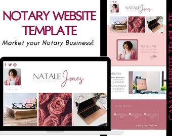 Könnte beinhalten: Eine Website-Vorlage für ein Notar-Unternehmen. Die Vorlage verfügt über ein rosa-weißes Farbschema mit Bildern von Rosen, einem Laptop und einer Frau. Der Text "NATALIE Jones NOTARY PUBLIC SERVICES" wird oben auf der Seite angezeigt.
