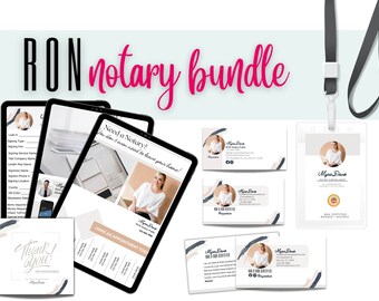 May include: A digital marketing kit for a notary public. The kit includes a thank you card, business cards, a digital signature form, and a notary ID badge. The kit is designed to help notaries promote their business and build their brand.