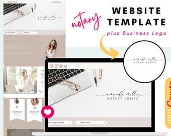 May include: A website template for a notary public business. The template features a light brown background with a white laptop screen displaying the text "amanda miller NOTARY PUBLIC" in a cursive font. The template also includes a business logo with the same text and font. The template is editable in Canva.