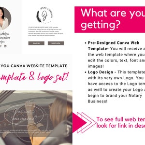 May include: A pink and white Canva website template for a notary signing agent. The template includes a logo with a feather and the text "Jonny Anderson" and a photo of a woman. The text "What are you getting?" is in a pink box. The text "Done for you Canva website template web template & logo set!" is in a pink box. The text "To see full web template look for link in description." is in a pink box.