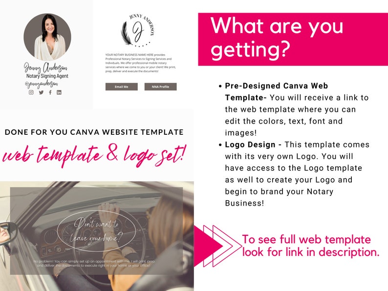 May include: A pink and white Canva website template for a notary signing agent. The template includes a logo with a feather and the text "Jonny Anderson" and a photo of a woman. The text "What are you getting?" is in a pink box. The text "Done for you Canva website template web template & logo set!" is in a pink box. The text "To see full web template look for link in description." is in a pink box.