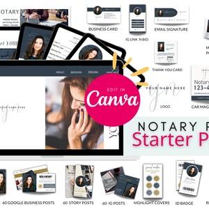 May include: A digital marketing package for a notary public, featuring business cards, social media templates, and a website design. The design includes a photo of a woman and the text "NOTARY PRO Starter Pack". The package includes templates for various marketing materials.