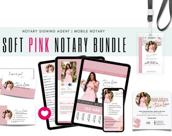 May include: A soft pink notary bundle featuring business cards, a name badge, and digital mockups on tablets and a phone. The design includes the text "Soft Pink Notary Bundle" and "Julie Lane" with a photo of a woman.