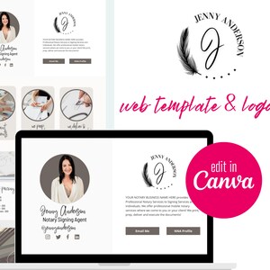 May include: A website template and logo set for a notary signing agent. The template features a professional headshot, services and pricing list, and contact information. The logo is a black and white feather with the initials "J" and the name "Jenny Anderson". The text "edit in Canva" is displayed in a pink circle.