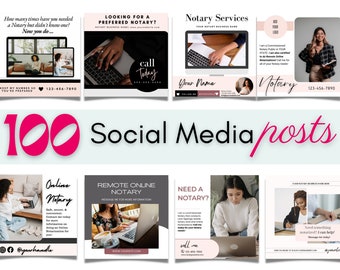 May include: A collection of 100 social media posts for a notary business. The posts feature images of a notary working on a laptop, a notary signing documents, and a notary holding a phone. The posts also include text such as "Online Notary", "Remote Online Notary", and "Need a Notary?"