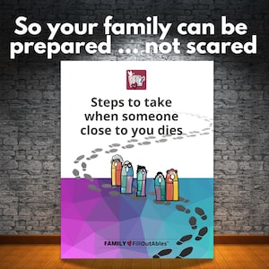 May include: A poster with the text "So your family can be prepared... not scared." The poster includes the text "Steps to take when someone close to you dies." and a graphic of people and footprints.