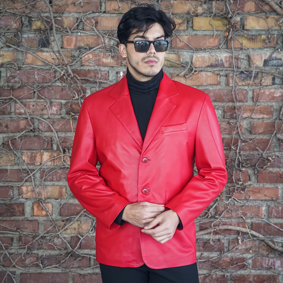 Genuine Red Leather Blazer Jacket Men, Handmade Lambskin Leather Blazer