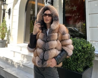 Real Natural Fox Fur Hooded Jacket & Vest with Genuine Leather Details | Elegant Chevron Design | 2023-2024 Fall and Winter Creations