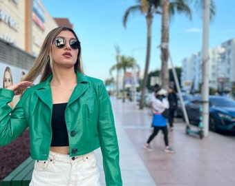 Real Leather Crop Blazer Women's Green Jacket | 2023-2024 Creation from Million Jackets