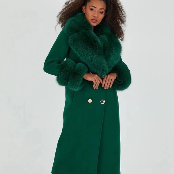 Green Wool Coat with Real Fox Fur Collar and Cuffs | Cashmere Wool Long Coat for Elegant Women | Plus Size Winter and Warm Coat