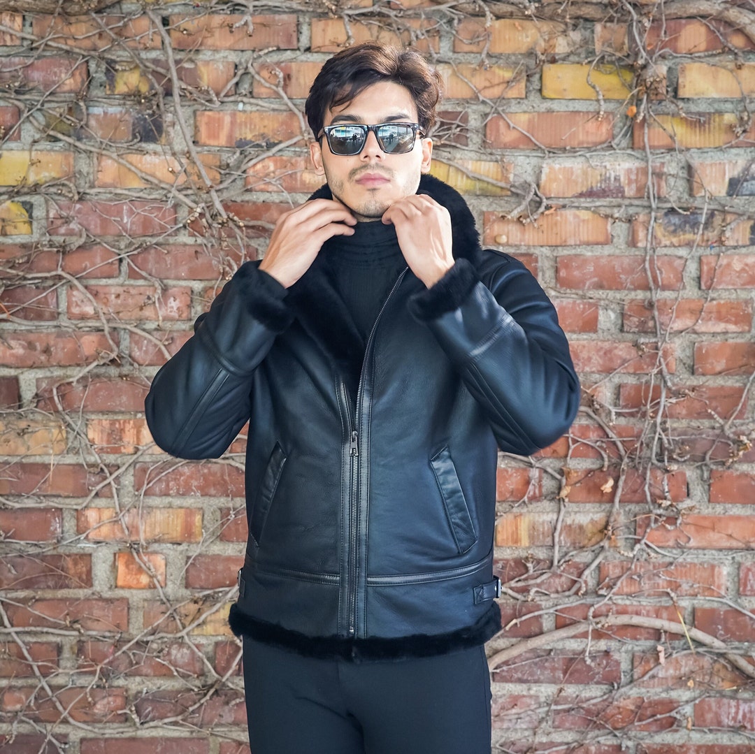 Black B3 Bomber Sheepskin Leather Jacket, Real Fur Coat With Real Black