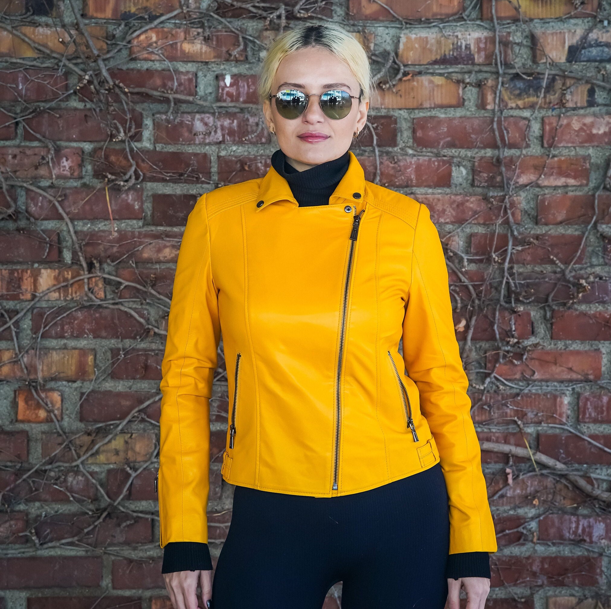 Bright yellow shop leather jacket