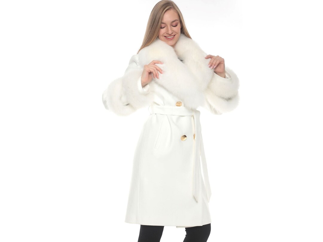 Winter White Wool Coat Women With Real Fox Fur Long Cashmere Fox Fur