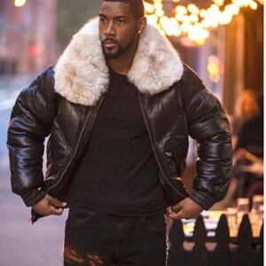 Black Genuine Lamb Shearling Coat With Real Fox Fur Collar detachable I ...