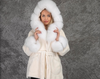 Plus Size Women's Alcantara Wool Coat & Fox Fur Hooded and Cuffs, Winter White Wool Jacket with Hoodie, Elegant Gift for Women