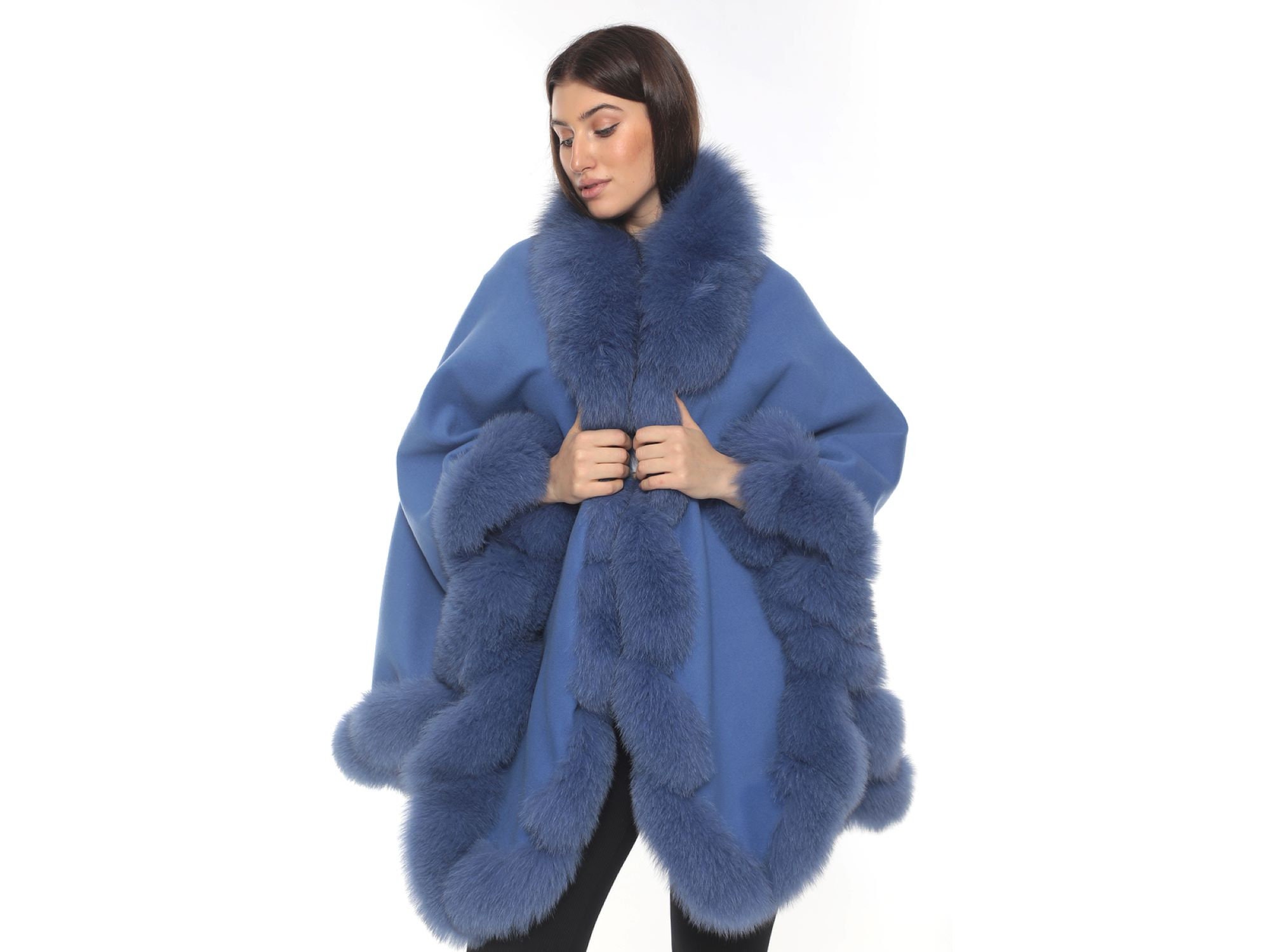 Mink Fur Sweater Poncho Cape Bolero Jacket Coat Women's Dark Blue