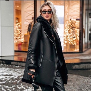 Women's Oversize Black Shearling Coat | Genuine Merino Sheepskin Pilot Aviator Fur Jacket | Elegant and Luxury Style