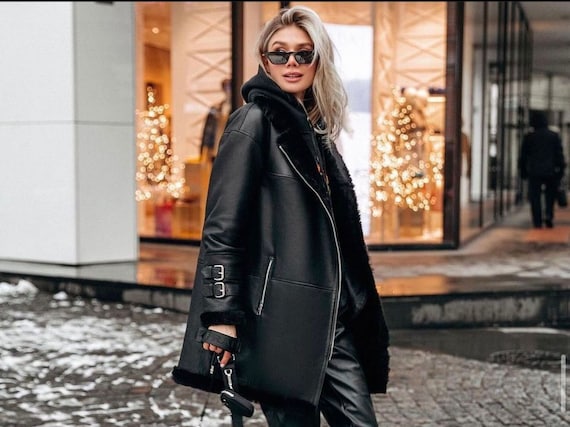 Women s Oversize Black Shearling Coat Genuine Merino Sheepskin