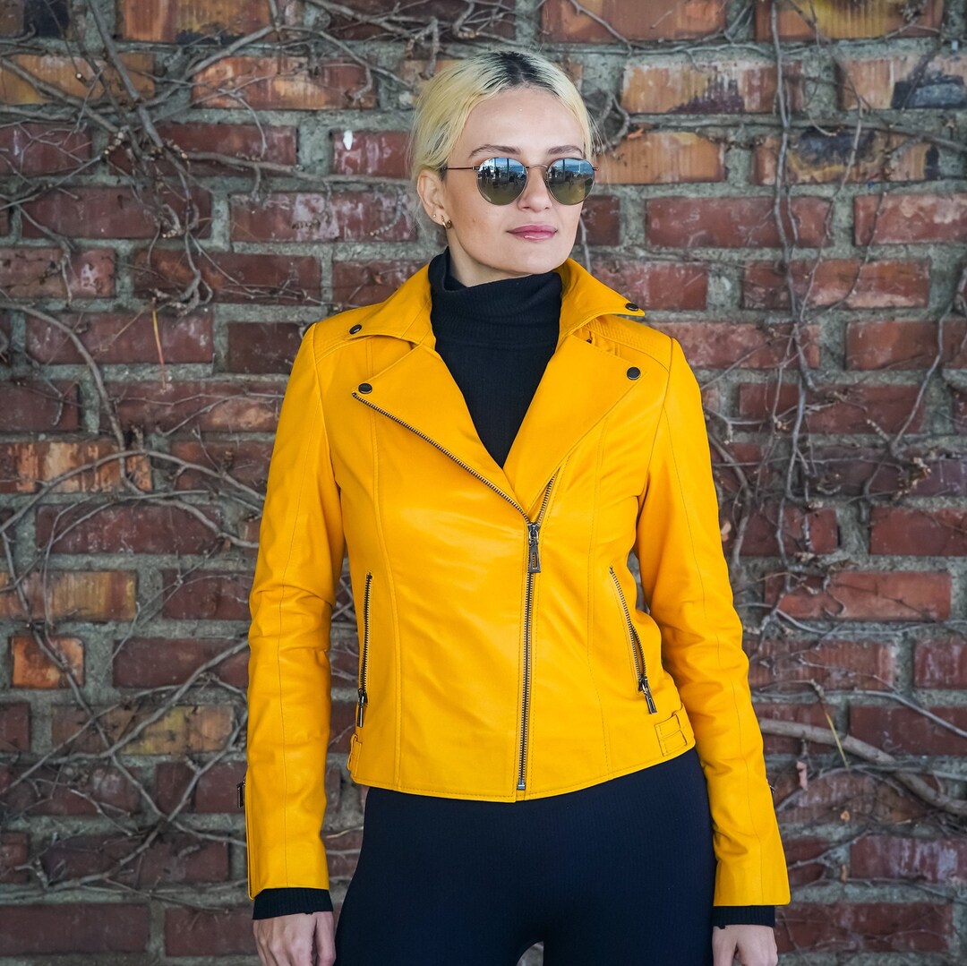 Handmade Mustard Yellow Leather Jacket, Customized Women Jacket