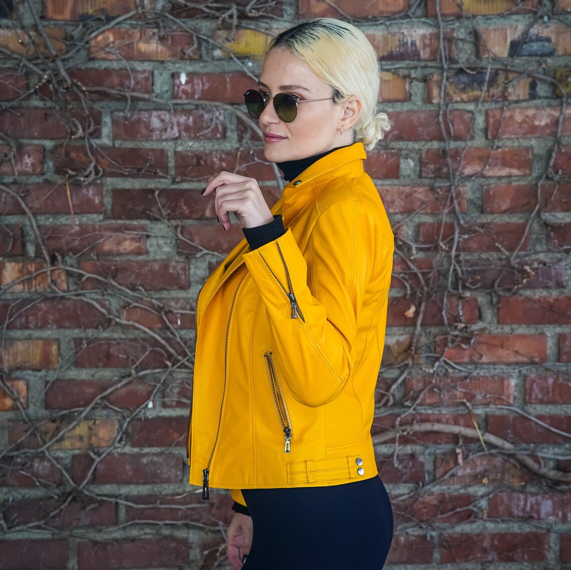 Handmade Mustard Yellow Leather Jacket Customized Women Etsy