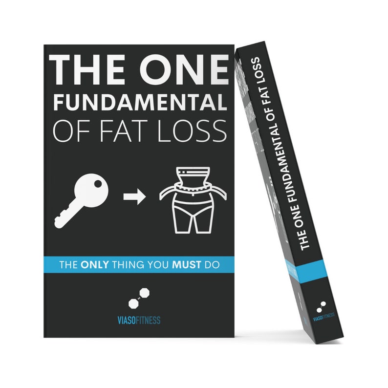 May include: A black book with white text that reads "The One Fundamental of Fat Loss." The book has a key and a person with a measuring tape around their waist on the cover. The book is standing upright with another copy of the book leaning against it.