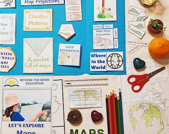 May include: A colorful project lapbook about maps, featuring a variety of illustrations, text, and activities. The lapbook includes a compass, a ruler, pencils, and a world map.
