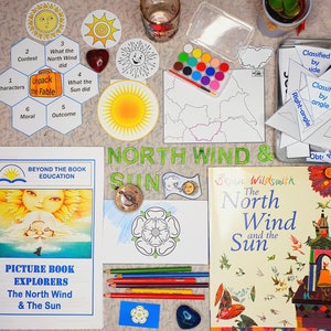 May include: A collection of educational materials for a children's book study of "The North Wind and the Sun" by Brian Wildsmith. The materials include a picture book, a compass, a map, coloring pages, and activity sheets.
