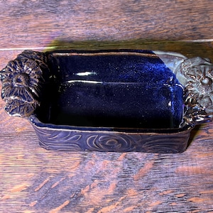 Handmade Pottery Mini-Loaf Bread Pan, Light and Dark blue, Floral pattern