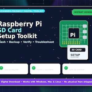 May include: A digital Raspberry Pi SD Card Setup Toolkit graphic on a dark blue background. Text includes Beginner-Friendly Digital Toolkit, Raspberry Pi SD Card Setup Toolkit, Flash, Backup, Verify, Troubleshoot, and SD Card Setup Assistant.