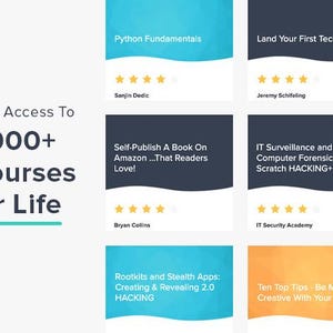 May include: Image featuring course cards with titles like "Python Fundamentals" and "Land Your First Tech Job." The text "Gain Access To 1,000+ Courses for Life" is also displayed. Each card includes a star rating and the instructor's name.