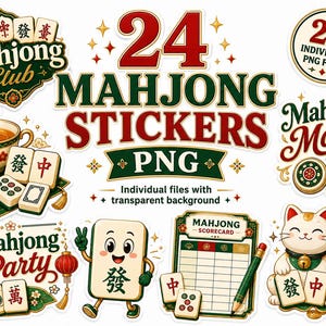 Lot de 24 autocollants de mahjong PNG, ensemble d'autocollants numériques Game Night